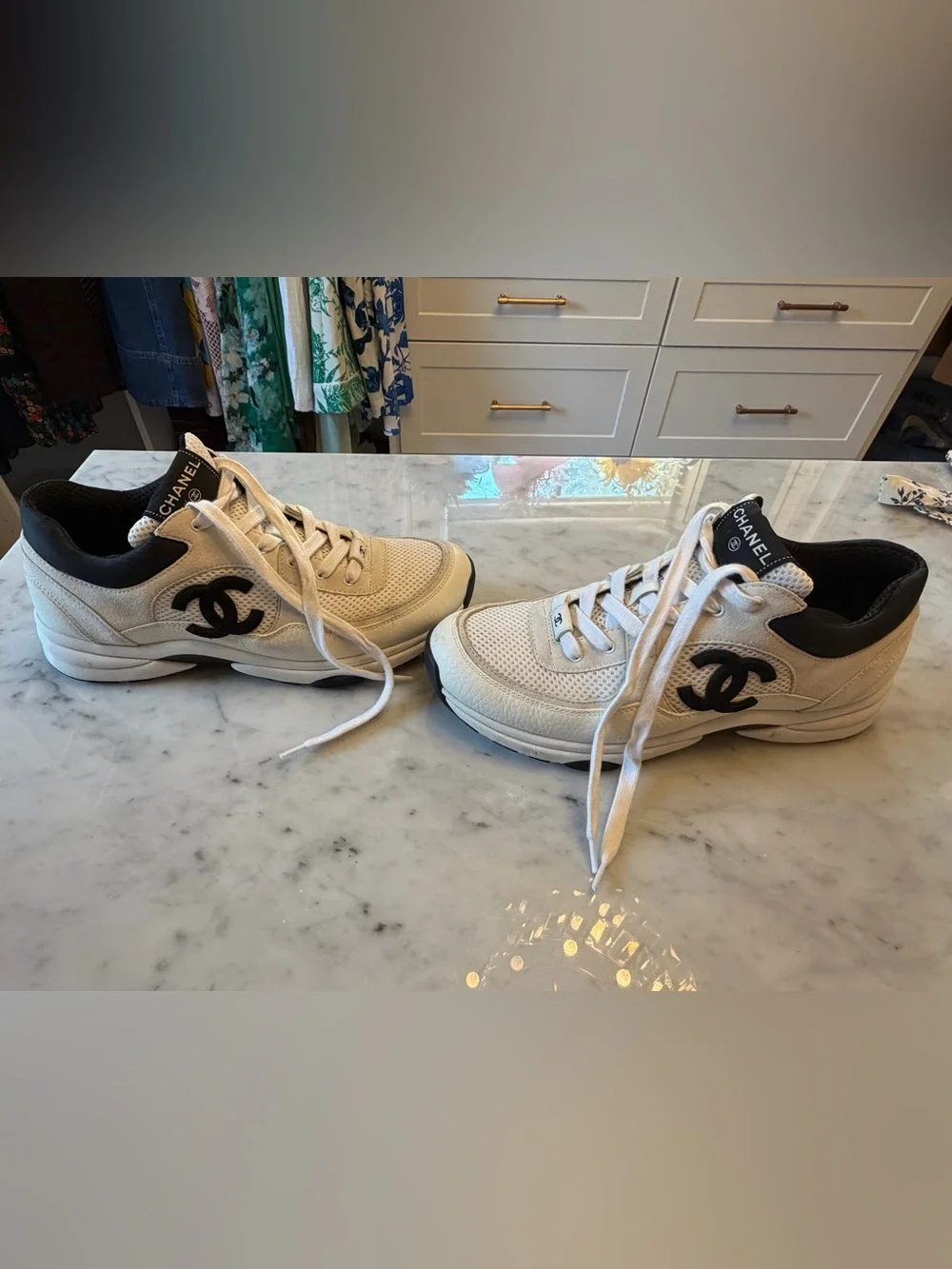 CHANEL Women’s White and Navy CC Logo Sneakers- size 42